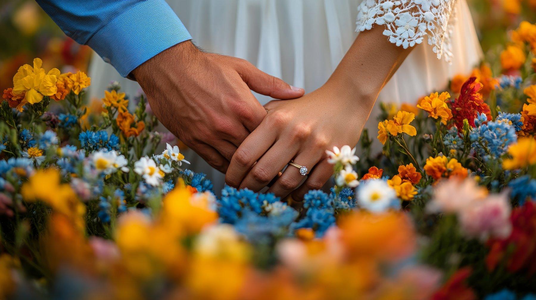 Couple holding hands among wildflowers, her diamond engagement ring catching the light