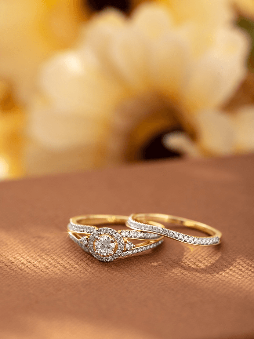 Gold diamond halo bridal ring set